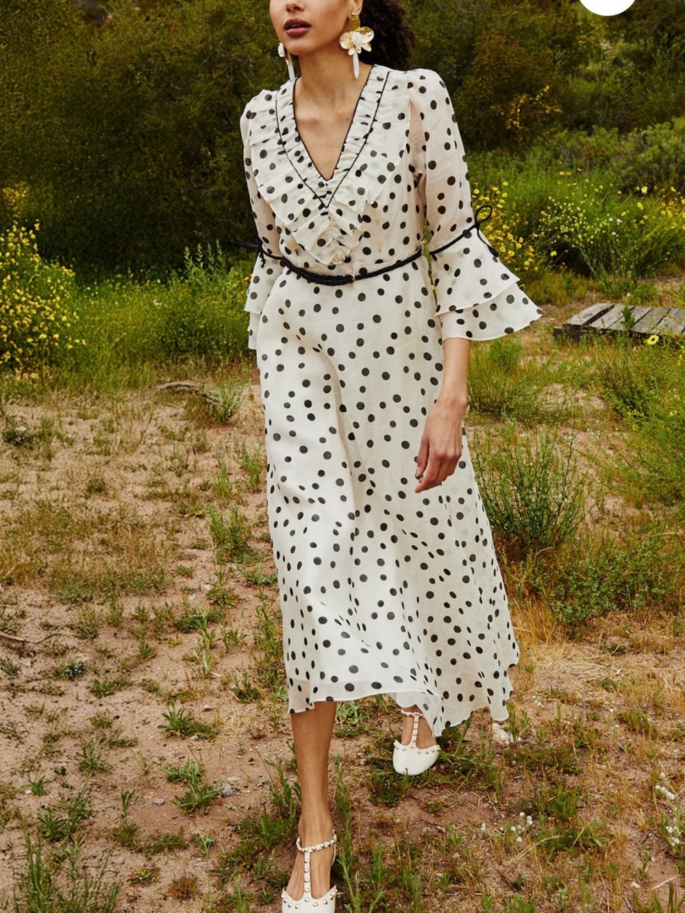 HALE BOB Aiyana Organza Maxi Dress Cream Polka Dot Ruffle with Black Trim Size S - Picture 5 of 12